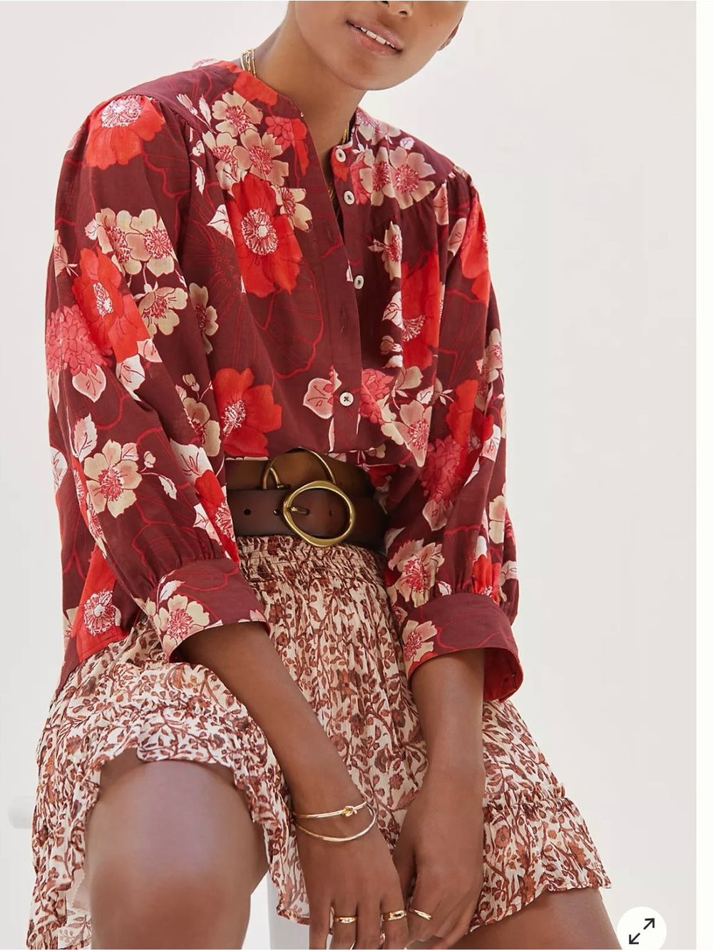 Anthropologie Porridge Bold Red Floral Puff Sleeve Peasant Blouse Sz S